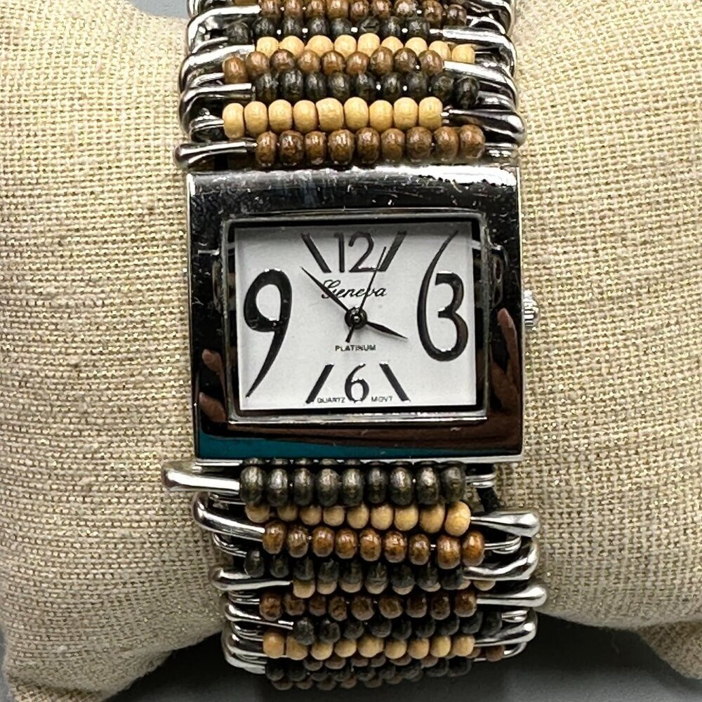 3/$30 Geneva Watch Women Silver Brown Wood Beads Safety Pins Stretch Band 7.25"